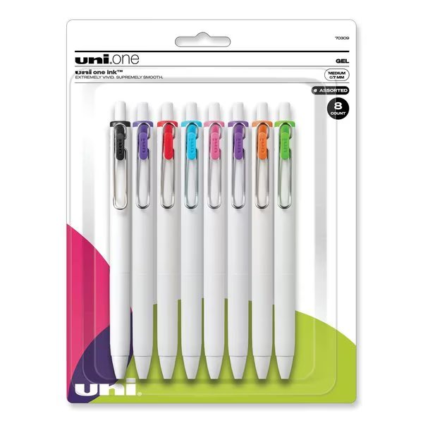 uniONE Gel Pen, Retractable, Medium 0.7 mm, Inspirational Ink-Color Assortment, White Barrel, 8PK, Uniball, Mfr#: 70309